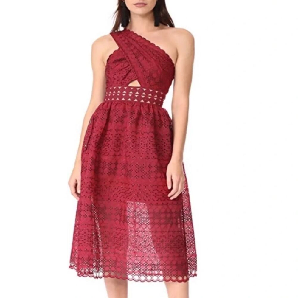 NWT Self-Portrait Raspberry Red One Shoulder Eyelet Lace Cutout Midi Dress Sz 8